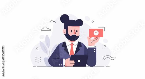 Businessman holds tablet and checkmark card in front of abstract background