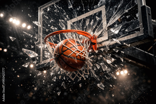 March Madness college basketball backboard shattering moment with exploding glass rim smash symbolizing underdog victory bracket buster tournament upset dramatic arena lighting