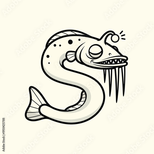 A cartoon depiction of a deep-sea creature. The design is in the shape of the letter 'S', with black outlines and a light fill. A large, toothy grin is visible