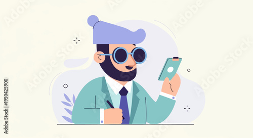 Bearded man in stylish hat and glasses uses phone while taking notes