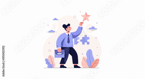 Businessman reaches for star, puzzle pieces, and flora