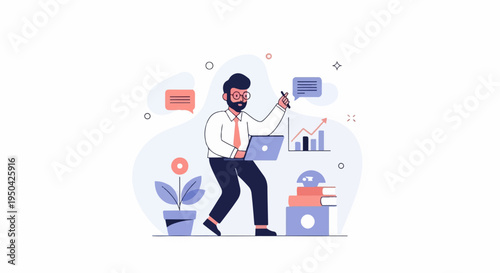 Animated man in glasses with a tie works on laptop near plant, charts, and books