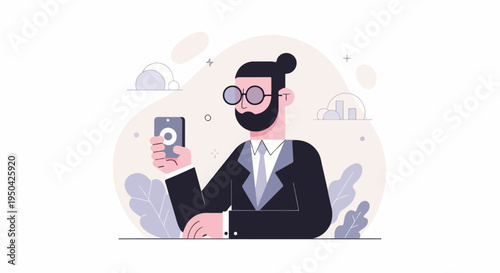 Bearded man in suit and glasses holding phone, abstract background