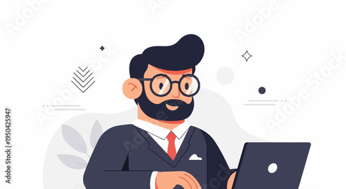 Bearded man in suit and glasses using laptop, minimalist background