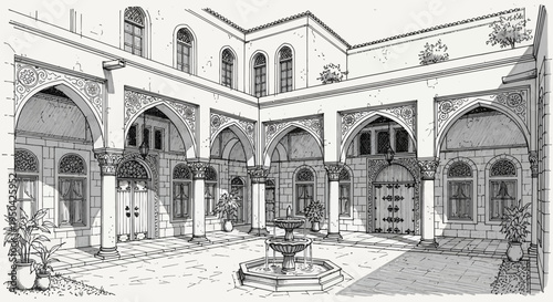 Detailed line drawing of a traditional Middle Eastern courtyard with a central fountain and intricate arched architecture.