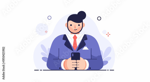 Animated man in suit holding smartphone, abstract background