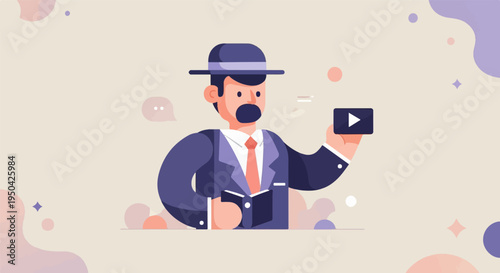Animated man in suit holds book and video player with chat bubbles