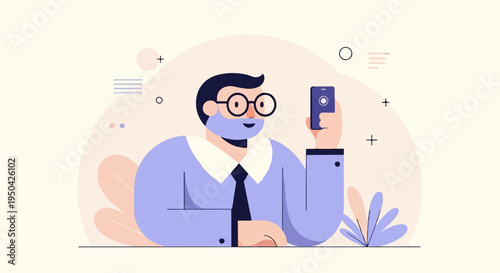 Animated man with glasses holds up a smartphone for a picture