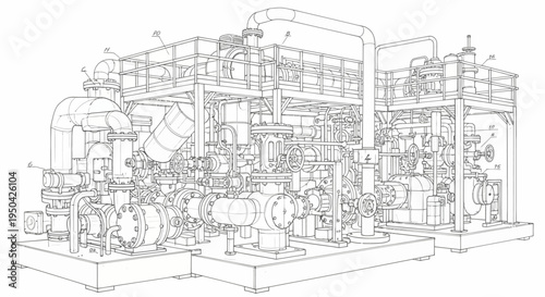 Detailed technical drawing of a complex industrial processing unit with multiple interconnected components and piping.