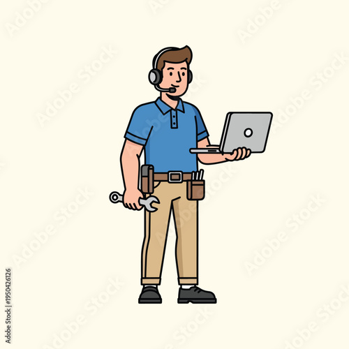A cartoon depiction of a tech support professional, with headphones, tool belt, laptop, and a wrench. He stands ready for assistance