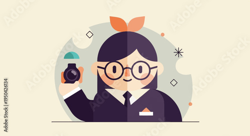 A stylized character with glasses and a bow holds a camera