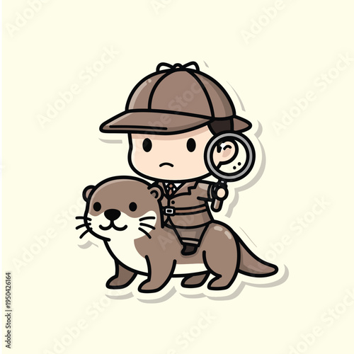 A cartoon depiction of a detective riding a river otter. He wears a brown fedora and suit, holding a magnifying glass. The otter is also brown