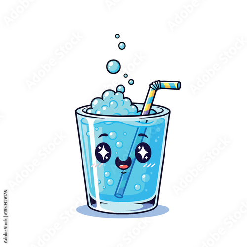 A cartoon glass of bubbly blue drink with a happy face and straw. Bubbles float above, with an oval shadow cast below the glass