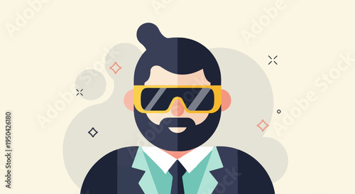 Bearded man in suit and sunglasses with quirky background elements