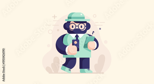 A stylized character with glasses, beard, hat, and holding a tablet