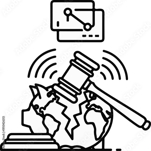 Auction gavel striking broken piggy bank on cracked globe with credit cards