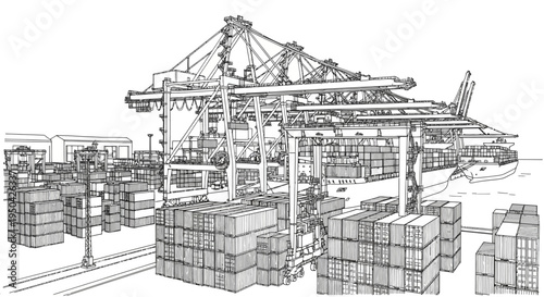 Detailed line drawing of a bustling shipping port with large gantry cranes moving containers onto and off a cargo ship, surrounded by stacks of freight.