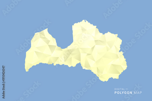 Latvia Map in low poly polygon vector style, geometric shape illustration with soft yellow tones on blue background, clean silhouette for infographic.