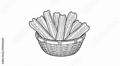 Black and white drawing of a woven basket overflowing with long, ridged pastries