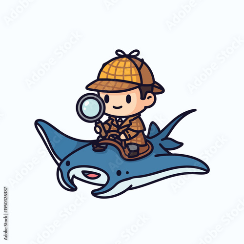 A cartoon detective with a magnifying glass rides a manta ray, wearing a hat and coat. It has a big smile and is drawn with thick black outlines