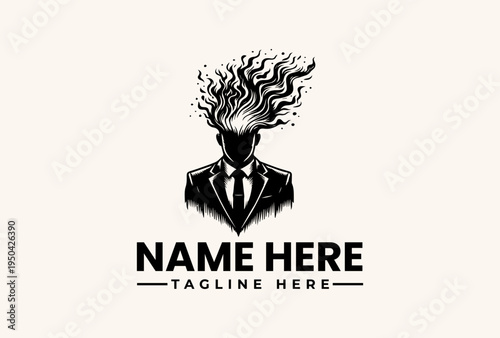 Black and white illustration of a suit-clad figure with flaming hair, accompanied by placeholder text for a name and tagline on a plain background.
