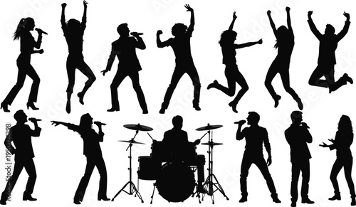 Music and dance silhouette icon set, singer and drummer graphics, performance and entertainment figures, concert activity symbols, black vector, white background