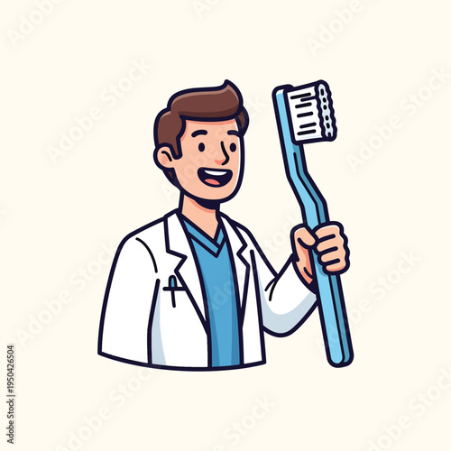 A cartoon depiction of a dentist, wearing a lab coat and scrubs, holding a toothbrush and smiling. The illustration is flat with thick outlines