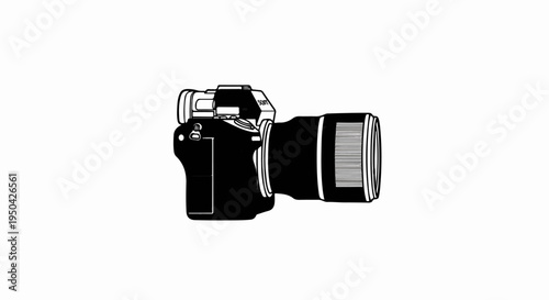 Black and white illustration of a digital camera with a zoom lens