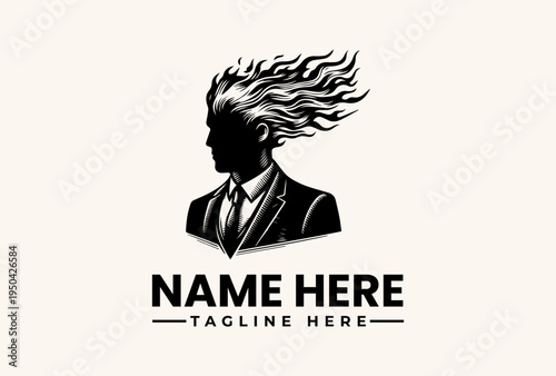 A black and white illustration of a man's head with flames for hair, wearing a suit and tie, against a clean white background with space for a logo and tagline.