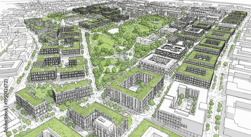 Artistic aerial rendering of a modern urban development with green roofs and extensive parkland.