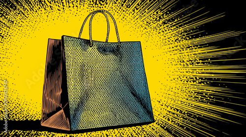 Comic book style illustration of a shopping bag on a vibrant yellow and black background