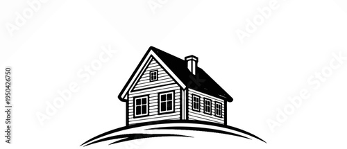 Black and white illustration of a rustic house on a grassy hill