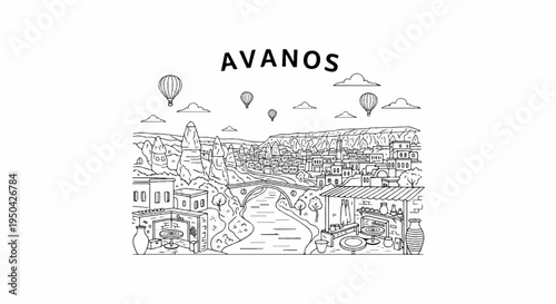 Black and white illustration of a scenic town with hot air balloons