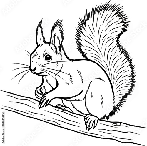 A whimsical sketch of a squirrel with a bushy tail sits on a branch