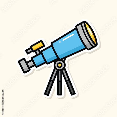 A cartoon depiction of a telescope against a plain backdrop. The blue-bodied instrument sits on a black tripod, with a yellow secondary section