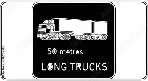 A white line drawing of a long truck and trailer on a black background with white text