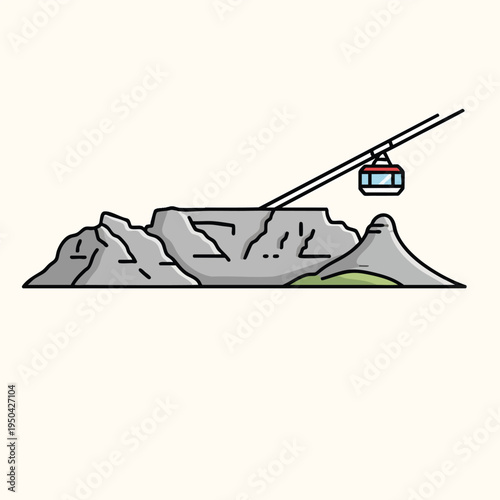 A cartoon depiction of a mountain landscape with a cable car ascending. The mountain has varied peaks. The scene is set against a simple beige backdrop