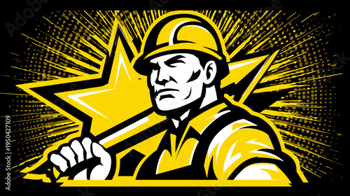 A construction worker is depicted as a strong figure against a starburst background