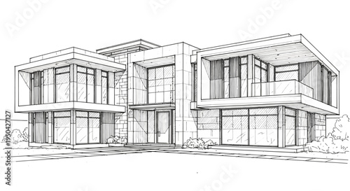 Architectural sketch of a contemporary luxury house with large windows and multiple levels.