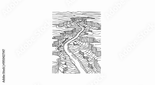 A stylized, graphic black and white illustration of a winding river through a deep canyon