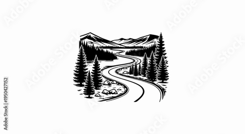 A winding road through a forest with mountains in the distance
