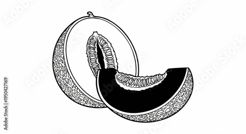 Black and white illustration of a sliced cantaloupe with a wedge next to it