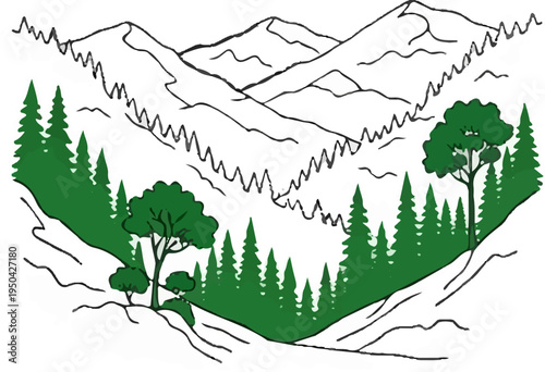 A stylized graphic illustration of a mountainous landscape with pine trees