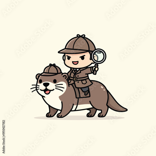 A cartoon detective with a magnifying glass rides a smiling otter, both wearing hats, and the detective is in a coat