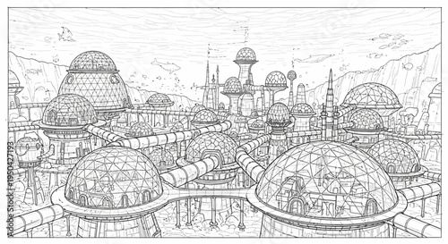 Detailed line drawing of a futuristic city with numerous interconnected geodesic domes and tall structures, suggesting an advanced urban settlement or colony.