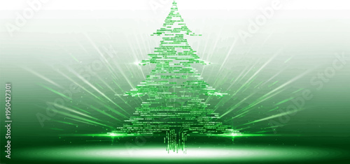 A stylized green Christmas tree composed of text, glowing with light