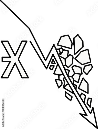 A stylized downward trend arrow breaks into fragments