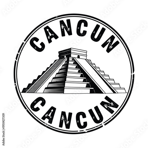 Graphic stamp illustration depicting the ancient ruins of cancun mexico