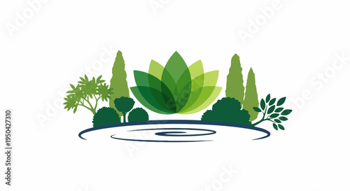 A stylized green lotus flower floats above a tranquil pond with trees