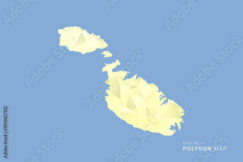 Malta Map in low poly polygon vector style, geometric shape illustration with soft yellow tones on blue background, clean silhouette for infographic.